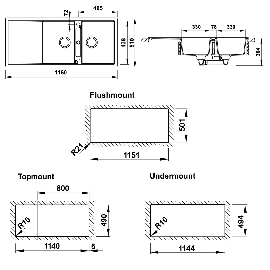 Kích thước chậu đá hafele Antonius HS-GD11651 570.33.530