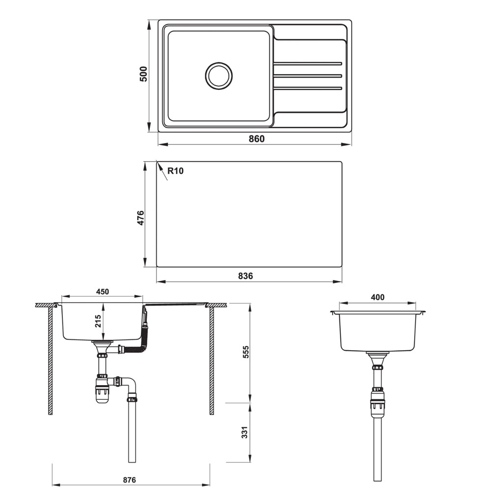 Kích thước CHẬU ĐƠN HAFELE VALERIAN HS-SS8650 567.20.266