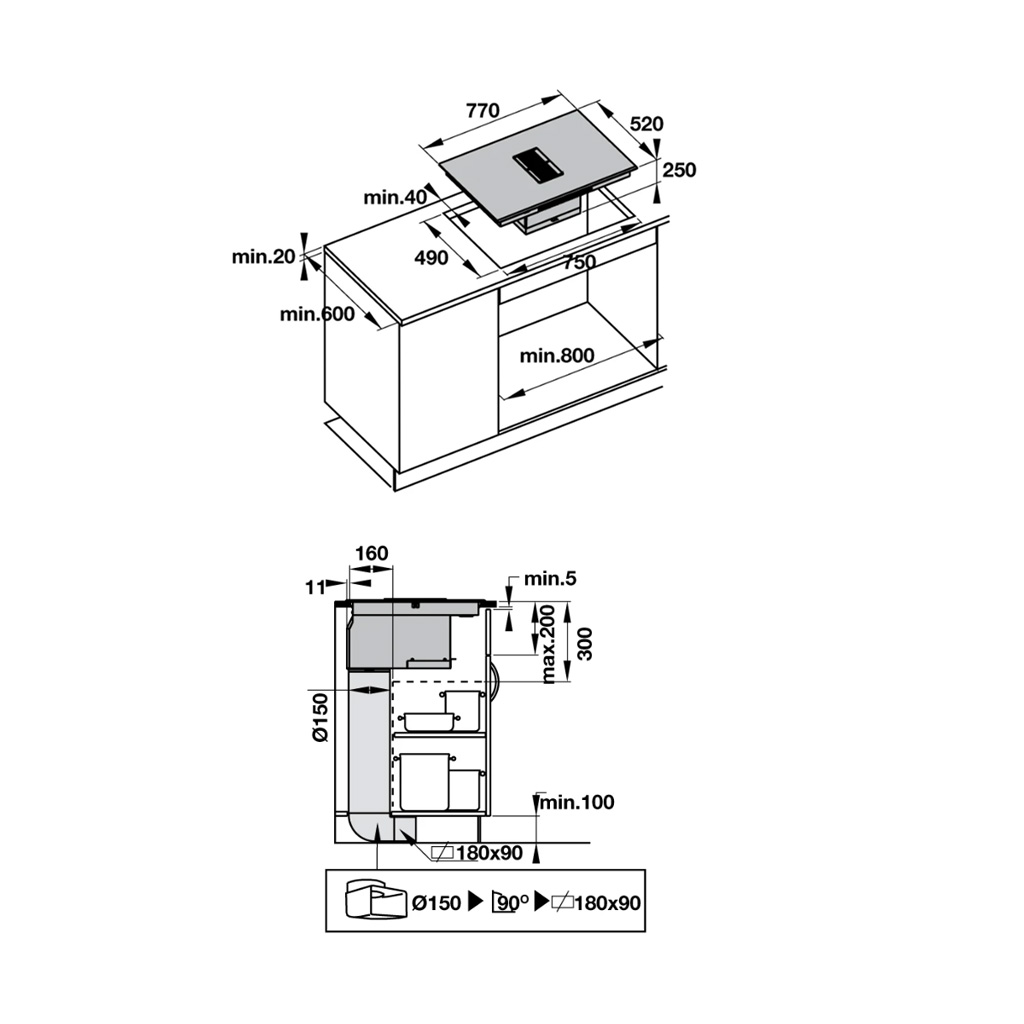 Kích thước bếp từ kết hợp hút mùi Hafele HC-IHH77D 536.61.655